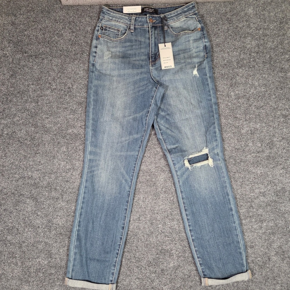 Judy Blue Hi Rise Destroy Knee Patch Boyfriend Jeans Size 3/26 Dark Blue JB88317